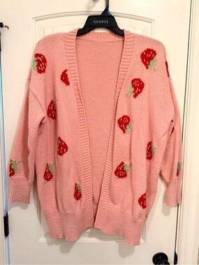 Pink Strawberry Knit Cardigan Sweater w/ Strawberry Accessories